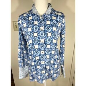 Tizzie Button Up Shirt Womens S Blue White Medallion Geometric Stretch Cotton
